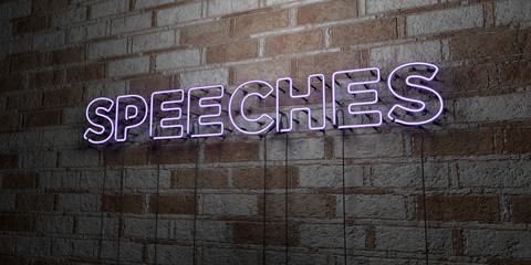 SPEECHES - Glowing Neon Sign on stonework wall - 3D rendered royalty free stock illustration.  Can be used for online banner ads and direct mailers..