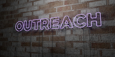 OUTREACH - Glowing Neon Sign on stonework wall - 3D rendered royalty free stock illustration.  Can be used for online banner ads and direct mailers..