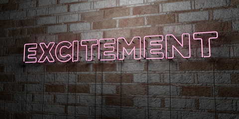 EXCITEMENT - Glowing Neon Sign on stonework wall - 3D rendered royalty free stock illustration.  Can be used for online banner ads and direct mailers..
