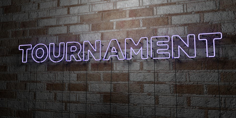 TOURNAMENT - Glowing Neon Sign on stonework wall - 3D rendered royalty free stock illustration.  Can be used for online banner ads and direct mailers..