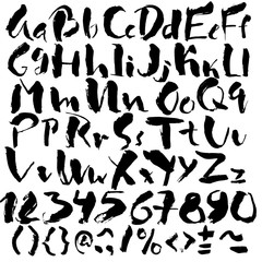 Hand drawn font made by dry brush strokes. Grunge style alphabet