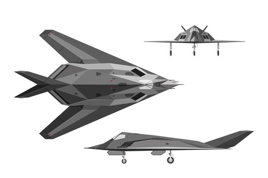 Military aircraft F-117. War plane in three views: side, top, fr