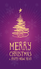 Merry Christmas greetings card vertical with snowflakes, lilac background and golden geometric Christmas tree