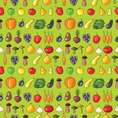 Fruits and vegetables flat vector pattern on green background. Eco food