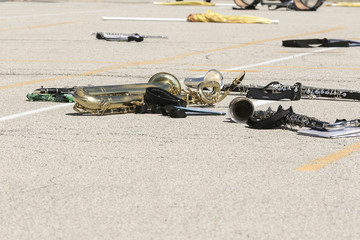 instruments at rest at marching band camp