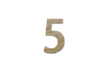 number 5 alphabet made from wood isolated on white background
