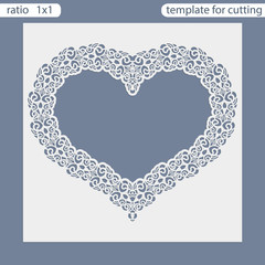 Laser cut wedding invitation card template.  Cut out the paper card with lace pattern.  Greeting card template for cutting plotter. Frame in the shape of a heart. Photo frame are laser cut. Vector.