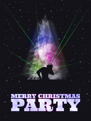 Merry Christmas party poster with snowflakes, dj, laser, dark color background