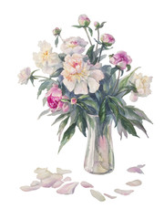 white peonies bouquet watercolor isolated