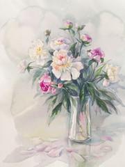 white pink peonies bouquet watercolor