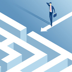Fototapeta premium Isometric businessman stood in front of the entrance to the maze and thinks how to pass it, confused employee ponders how to overcome the labyrinth, business, concept problem and challenges