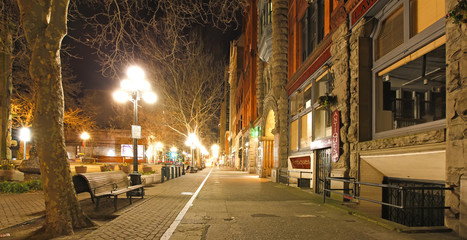 Fototapeta na wymiar Pioneer square in Seattle at early spring night. Empty street.