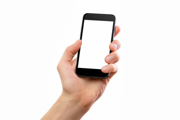 Mockup of male hand holding cellphone isolated at white background