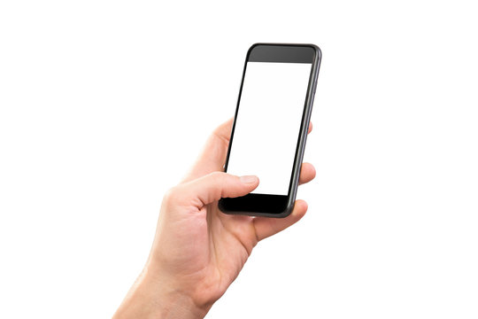 Mockup of male hand holding cellphone isolated at white background