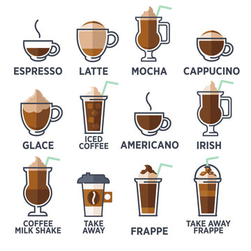 Coffee types or kinds set. Vector 