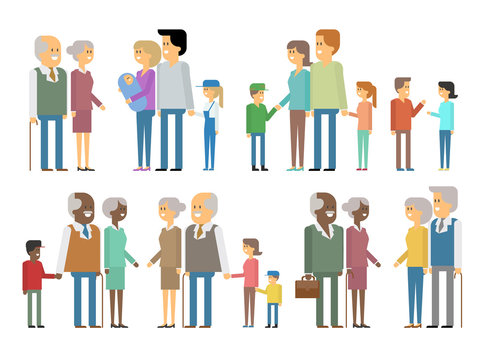 The family - grandfather, grandmother, mom, dad, kids. Vector materialny design. International mixed