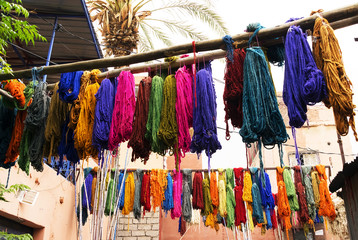 Typical colorful textiles dye in the historic Kasbah of Fes, Morocco, Africa