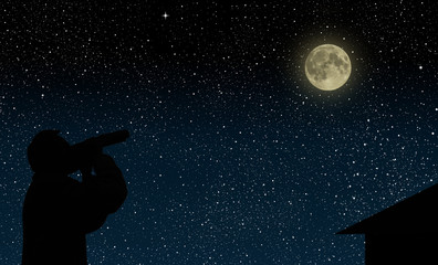 The man on the roof looks through binoculars at the full moon  night © volhavasilevich