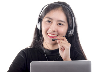 Portrait of woman customer support phone operator in headset, is