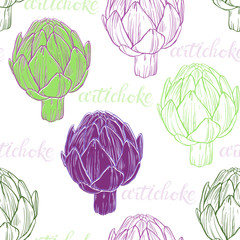 Seamless pattern with artichokes on a white background. Food art  background.