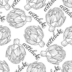 Seamless pattern with artichokes on a white background. Food art  background. Black and white vector illustration.