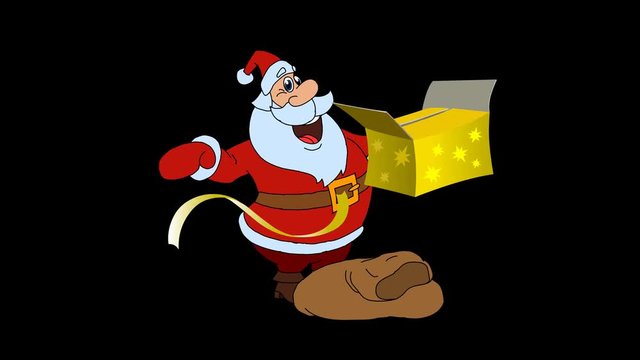 Animated Santa Claus with christmas gift. Hand drawn animation. Alpha chanel. Alpha Matte. Green background. 30 fps. 