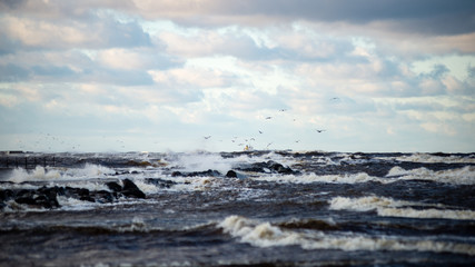 Stormy sea in winter with white waves crushing