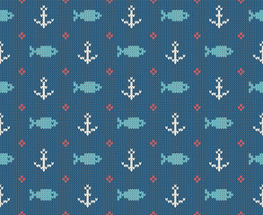 Sea and nautical backgrounds in white, turquoise, red and dark blue colors. Sea theme. Seamless patterns. Woolen knitted texture. Vector Illustration.