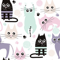 Fototapety  Wzór z śmieszne koty. Tekstura tkaniny dla dzieci. Ilustracja wektorowa