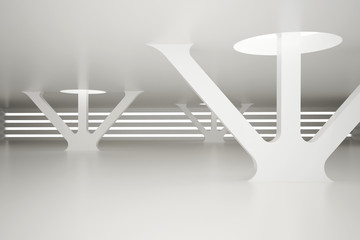 3d illustration. Interior of nonexistent white room with vertical and diagonal supporting elements passing through the ceiling. Concept of car parking, airport terminal, industrial building. Render.