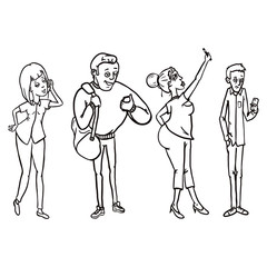 Vector Set of Line Art Characters with Cell Phones