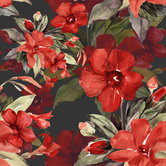 Watercolor seamless pattern of red flowers