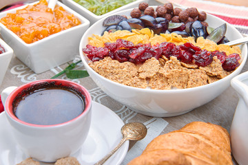 French breakfast on a wooden tray