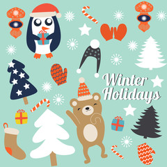 Fototapeta na wymiar Christmas cards with cute trees, mittens and christmas toys, penguin in winter cap with gift and dancing bear. Vector illustration.