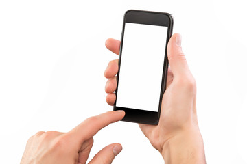 Mockup of male hand holding black cellphone isolated 