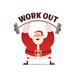 Santa Claus workout in GYM. Merry Christmas and Happy New year. Heavy bags with gifts.