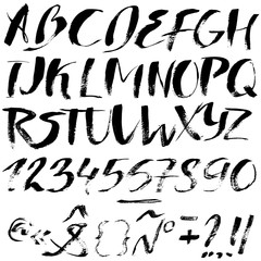 Hand drawn font made by dry brush strokes. Grunge style alphabet