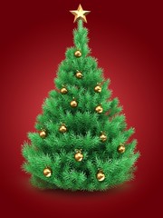 3d illustration of Christmas tree over red background with star and golden balls