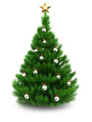 3d illustration of green Christmas tree over white background with star and metallic balls