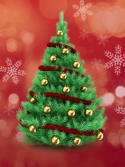 3d illustration of Christmas tree over red and snow background with red tinsel and golden balls