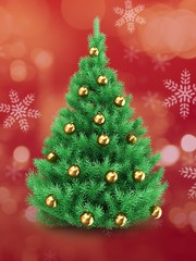 3d illustration of Christmas tree over red and snow background with golden balls