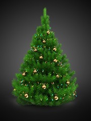 Obraz premium 3d illustration of green Christmas tree over gray background with lights and golden balls