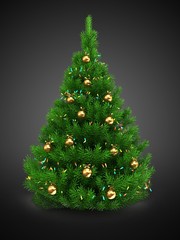 3d illustration of green Christmas tree over gray background with lights and golden balls