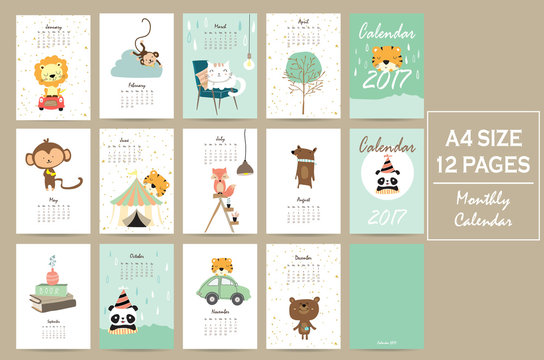 colorful cute monthly calendar 2017 with lion,tiger,panda,tree a