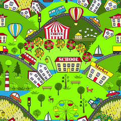 Cute seamless pattern with summer city. Town on hills