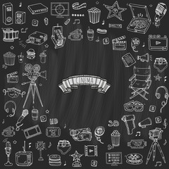 Hand drawn doodle Cinema set. Vector illustration. Movie making icons. Film symbols collection. Cinematography freehand elements: camera, film tape, photo camera, pizza, popcorn, projector, microphone