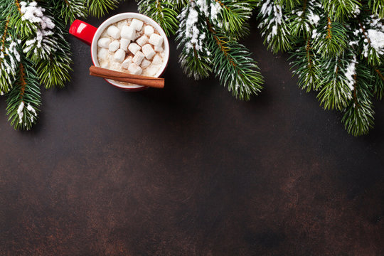 Christmas fir tree, hot chocolate and marshmallow