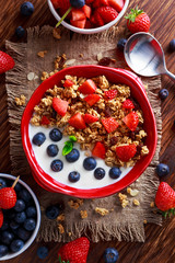 Homemade granola Breakfast with yogurt and fresh fruit berries. concepts health food