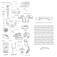 Hand drawn doodle american football set Vector illustration Sketchy sport related icons football elements, ball helmet jersey pants knee thigh shoulder pads cleats field cheerleading down indicator