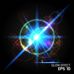 Influence of particle, bright light effects blue magic ball. Glow Dust Sparks luxury design bright background, glow bright glare lighting effect on clear dark background